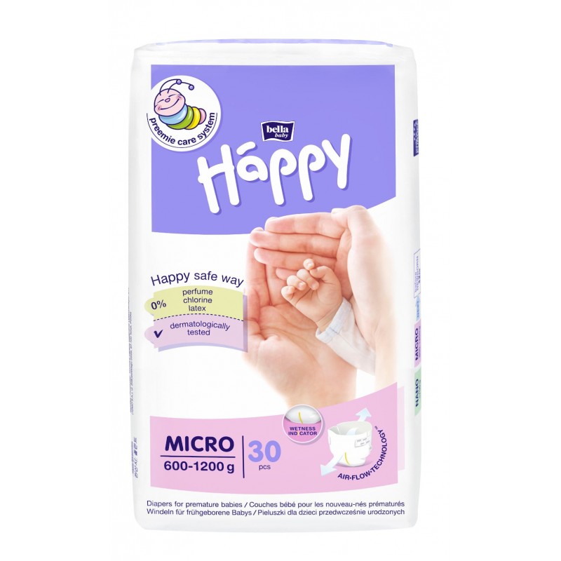 Scutece Happy Micro pentru bebelusi prematuri cu greutatea 600-1200 grame 30buc
